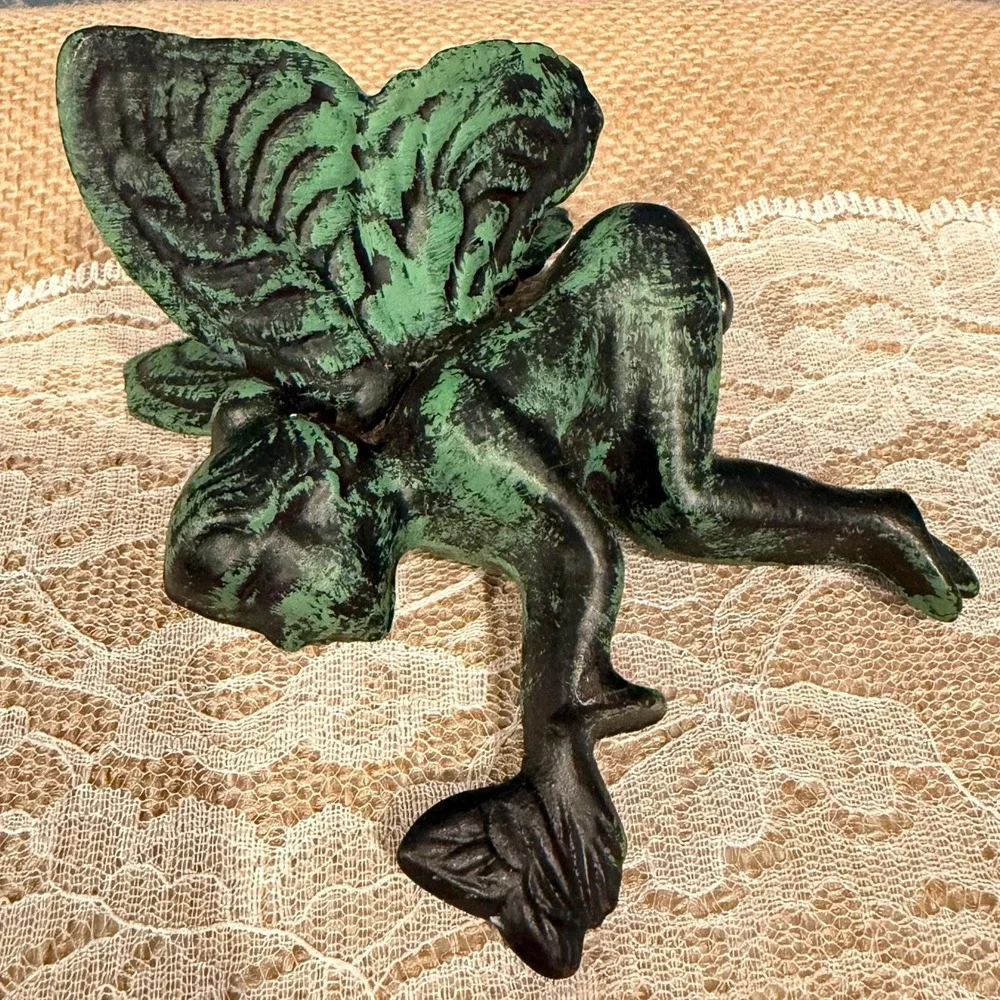 1940's Vintage Style Cast Iron‎ Fairy Wall Hook Verdigris Green Patina Cottage